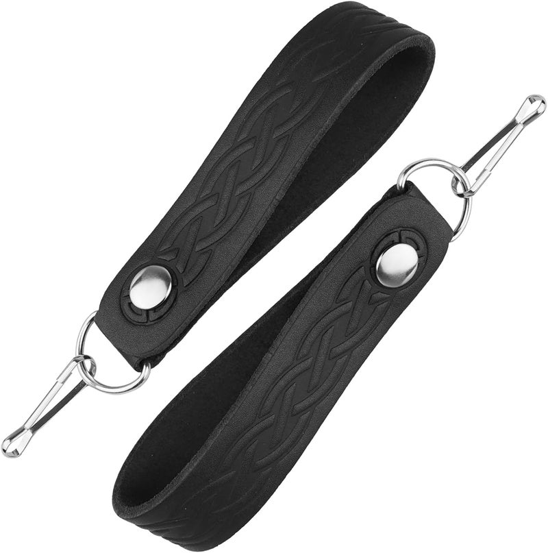 EZE Sporran Hangers Suspenders Straps- Pair Of Celtic Embossed & Plain Genuine Leather Suspenders with Metal D-Ring & Hook - Image 1